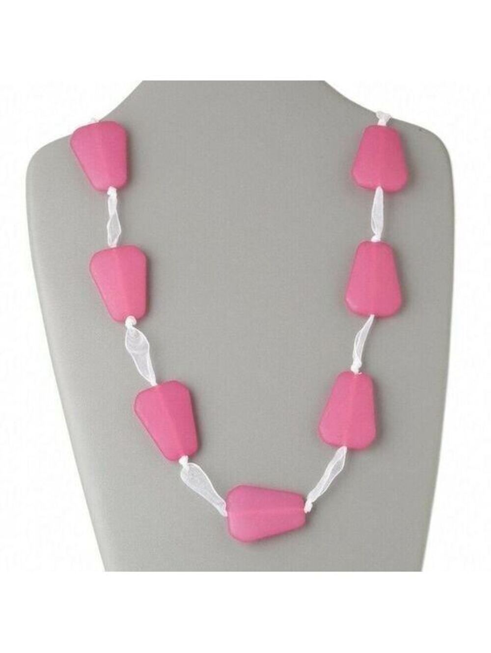 Chunky Retro Hot Pink Trapezoid White Adjustable 50" Long Ribbon Tie Necklace